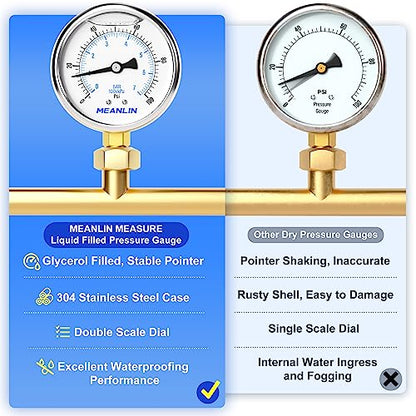 0~100Psi Stainless Steel 1/4" NPT 2.5" FACE DIAL Liquid Filled Pressure Gauge WOG Water Oil Air Lower Mount, with 1/2" NPT and 3/8" NPT Hex Bushing