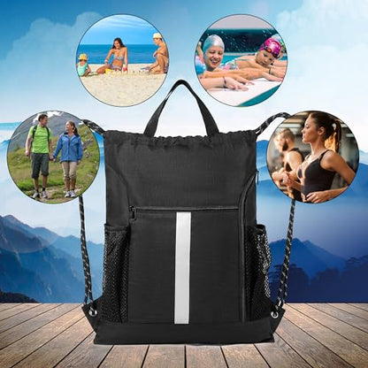 BeeGreen Mix-Black-Drawstring-Backpack-Bag, Large String Sack with Shoe Compartment and Two Side Mesh Pockets Lightweight Sturdy For Gym - color: Mix Black, style: Drawstring With Shoe Compartment