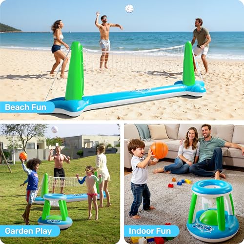 JOYIN Inflatable Volleyball Net & Basketball Hoops Pool Float Set; Balls Included for Kids and Adults, Summer Pool Game, Floaties, Volleyball Court (105”x28”x38”) Basketball (27.6”x23”),Green,Blue - color: Green Blue, size: Large