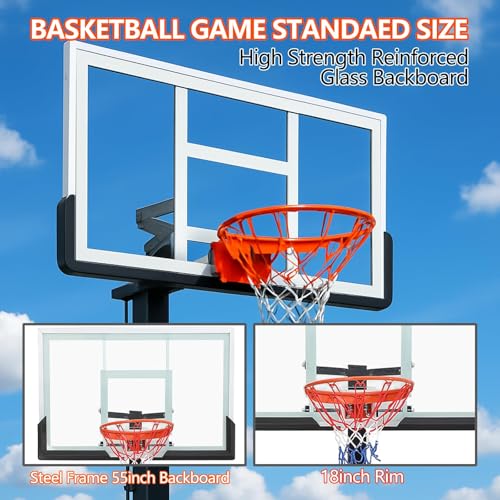 Outdoor in-Ground Basketball System, 8-10Ft Quick-Adjust Height Hoop, 55" Shatterproof Tempered Glass Backboard, Heavy-Duty Stable Base for Driveway, Court, Backyard