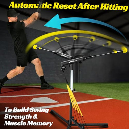 Baseball Hitting Trainer with 4 Power Bands,Auto Reset Softball Swing Trainer For Batting,Hitting Practice,Height Adjustable 31-47 inch Baseball Training Equipment With Metal Stakes & Carry Bag