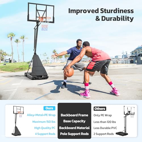 Yohood Basketball Hoop Outdoor Portable 44/48 Inch Backboard, 10ft Quickly Adjustable Basketball Goal System with Wheels for Court/Backyard/Driveway