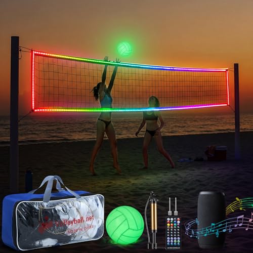 WinnerWhy LED Professional Volleyball Net and Glow in the Dark Volleyball Set 31.2x3.3ft Portable Light up Net with Size 5 Light-Up Volleyballs Remote Control Steel Cable for Beach Swimming Pool Game