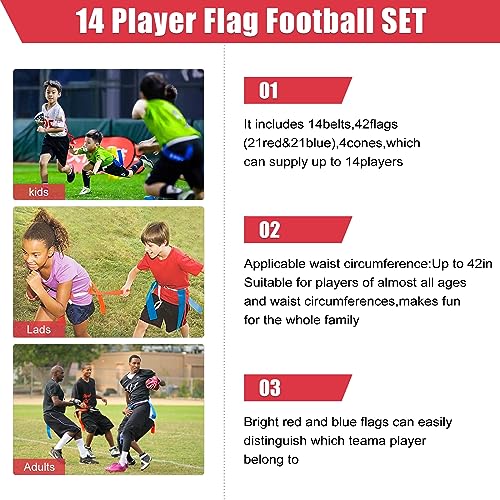 Flag Football Belts Kids, 14 Player Adjustable Flag Football Set with 42 Flags for Youth, Teens, Youth and Adults Sports Training Equipment, Easy Tear Away