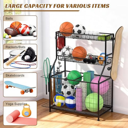 Sports Equipment Organizer, Garage Ball Storage Rack with Removable Baskets, Hooks & Bat Rack, Rolling Sports Gear Storage Cart with Lockable Wheels for Garage, Toys, Gym, School