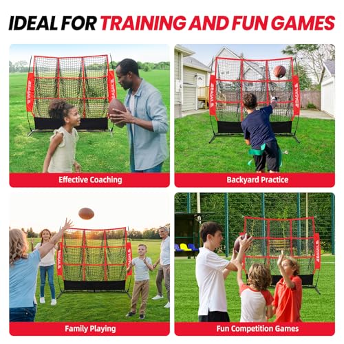 BAGAIL Football Throwing Net - 5 or 9 Target Pockets, Easy Setup, Heavy-Duty - Portable QB Accuracy Trainer, Fun Target Practice Net for Football with Carry Bag - color: Red, style: 5'x5' - 9 Pockets