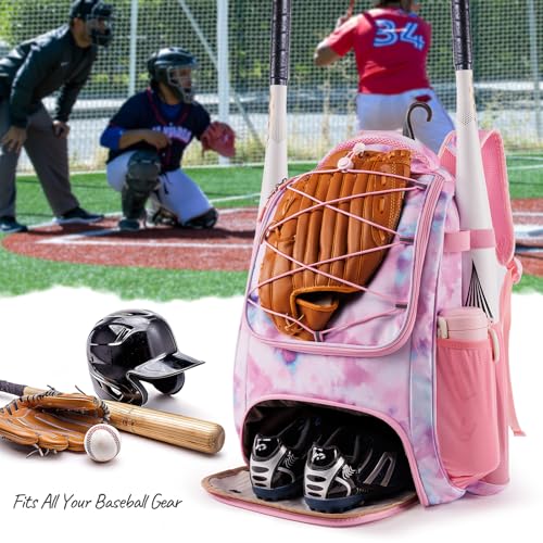 Youth Baseball Bag Backpack with Bat Holder for Boys Girls Baseball & Softball Bat Bag for T-Ball Equipment, Kids Baseball Backpack with Shoe Compartment & Glove Storage - color: Pink