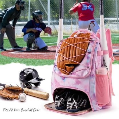 Youth Baseball Bag Backpack with Bat Holder for Boys Girls Baseball & Softball Bat Bag for T-Ball Equipment, Kids Baseball Backpack with Shoe Compartment & Glove Storage - color: Pink