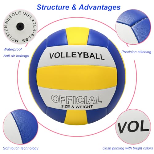 Volleyball, 6 Pack Official Size 5 Volleyball with Pump and Big Net Bag for Indoor Outdoor, Soft Touch Volleyballs for Adults Beach Play Pool Game Gym Play Training Match for Beginner