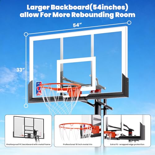 BACKYARD BLITZ Basketball Hoop, 44&48IN&54IN Backboard Portable Basketball Goal System, 10FT Hand-Crank Adjustable Basketball Hoops Outdoor - size: Basketball Hoop 54in Backboard