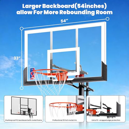 BACKYARD BLITZ Basketball Hoop, 44&48IN&54IN Backboard Portable Basketball Goal System, 10FT Hand-Crank Adjustable Basketball Hoops Outdoor - size: Basketball Hoop 54in Backboard