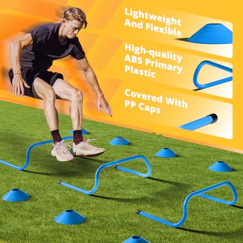 Yes4All Agility Ladder Speed Training Equipment Set - 1 Adjustable Agility Ladder, 12 Soccer Cones, 5 Hurdles, Jump Rope, Running Parachute - Speed & Agility Training Equipment for All Ages - color: C. Set Blue with Jump Rope