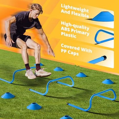 Yes4All Agility Ladder Speed Training Equipment Set - 1 Adjustable Agility Ladder, 12 Soccer Cones, 5 Hurdles, Jump Rope, Running Parachute - Speed & Agility Training Equipment for All Ages - color: C. Set Blue with Jump Rope