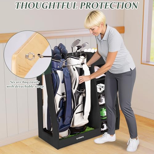 WINGYZ Premium Birch Plywood Golf Bag Storage for 2 Bags | 36lb Rock-Solid Golf Bag Organizer | 7-Shelf Command Center | Artificial Turf 12-Ball Display | No Wall Mounting Required (Black) - color: Black