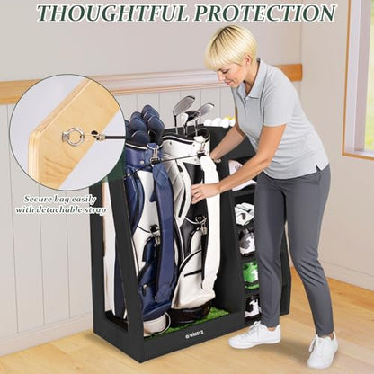 WINGYZ Premium Birch Plywood Golf Bag Storage for 2 Bags | 36lb Rock-Solid Golf Bag Organizer | 7-Shelf Command Center | Artificial Turf 12-Ball Display | No Wall Mounting Required (Black) - color: Black
