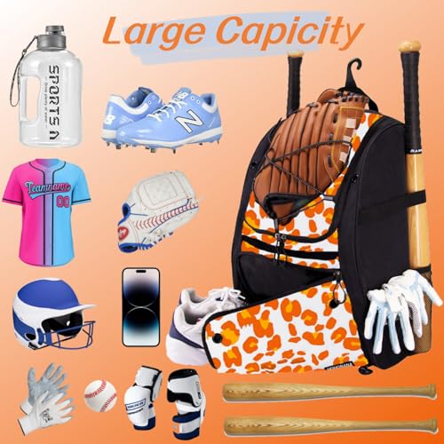 Youth Softball Equipment Bag with Vented Shoe Compartment, Baseball Bat Bag, Fence Hook, for Batting Mitten, Helmet, Teeball Gear, Adult Boys Girls Kids - color: Orange Leopard