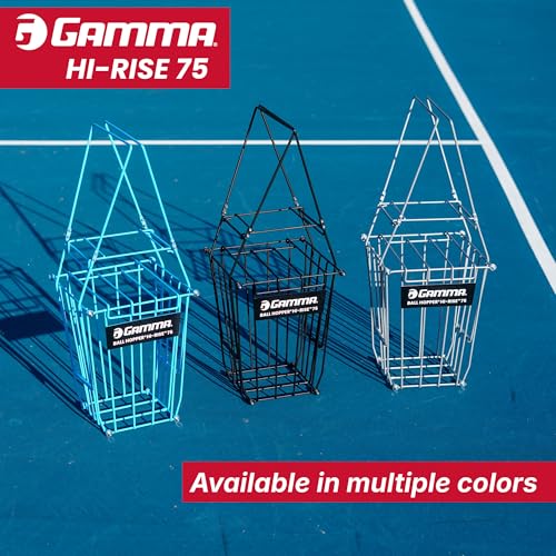 Gamma Ball Hopper Hi-Rise 75 - Heavy Duty Tennis Ball Basket with Handle for Easy Pickup & Storage - Holds 75 Tennis Balls, Durable Steel Construction, Weather-Resistant Coating - Silver