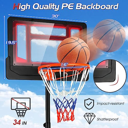 Giantex Basketball Hoop Outdoor Indoor, 4.3 FT-8.2 FT Height Adjustable Basketball Goal Court System w/Fillable Base, Backboard & 2 Wheels, Portable Basketball Hoop for Kids Backyard Driveway