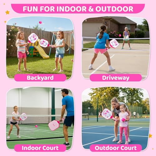 Joycat Kids Pickleball Paddles Set of 2, Lightweight Plastic Cute Pickleball Paddles with Small Grip, 2 Pickleballs, 1 Drawstring Bag,Indoor Outdoor Sport Gift for Kids,Beginner - style: Unicorn
