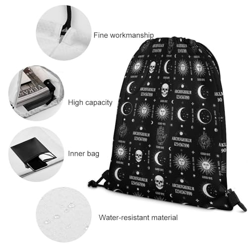 Waterproof Drawstring Bag Gym Sack Sports Backpack for Hiking Swimming Beach Yoga Gear Lightweight Unisex, Skull Moon Sun Gothic Witch Board Seamless Black Bags - color: Picture (358)