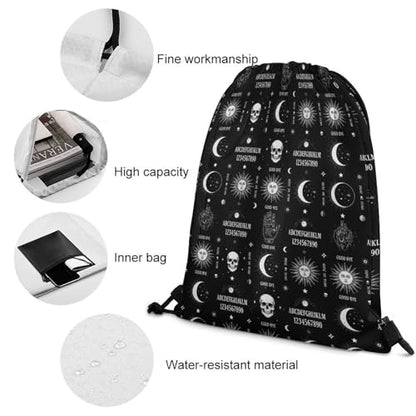 Waterproof Drawstring Bag Gym Sack Sports Backpack for Hiking Swimming Beach Yoga Gear Lightweight Unisex, Skull Moon Sun Gothic Witch Board Seamless Black Bags - color: Picture (358)