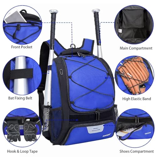DAFISKY Baseball Bag Softball Backpack - Youth Adult T Ball Bat Equipment Bag with Bat Helmet Holders, Shoe Compartment - color: Blue