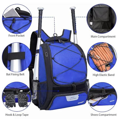 DAFISKY Baseball Bag Softball Backpack - Youth Adult T Ball Bat Equipment Bag with Bat Helmet Holders, Shoe Compartment - color: Blue