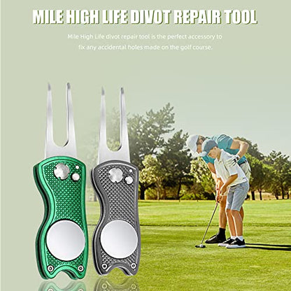 Mile High Life Golf Divot Repair Tool, All Metal Foldable Divot Tool with Pop-up Button & Magnetic Ball Marker, 2-6 Pack - color: Green, Grey