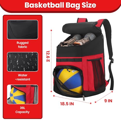 Hsmihair Basketball Backpack Large Sports Bag for Men&Youth,Gym Bag with Separate Ball & Shoes Compartment,Travel Bag for Basketball,Soccer,Volleyball - color: Red