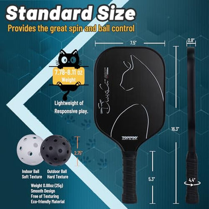 TOPPRO Pickleball Paddles Set of 2, Fiberglass Face, Polypropylene Honeycomb Core, Lightweight Pickleball Rackets 2 Pack - color: BLACK CAT