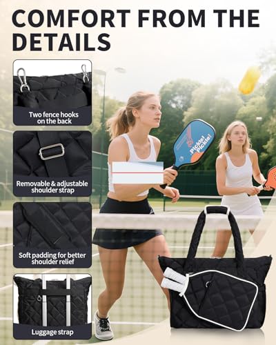 ESTARER Pickleball Tote Bag for Women with Shoe Compartment Large Pickleball Paddle Storage & Fence Hook - color: Black