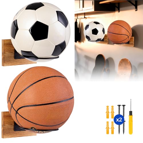 Wall Mount Ball Holder,Rustic Wood Sports Ball Storage Rack for Basketball, Soccer, Volleyball, Football - Heavy Duty Metal Display Hanger for Bedroom, Garage & Home Decor - size: 2-Pack