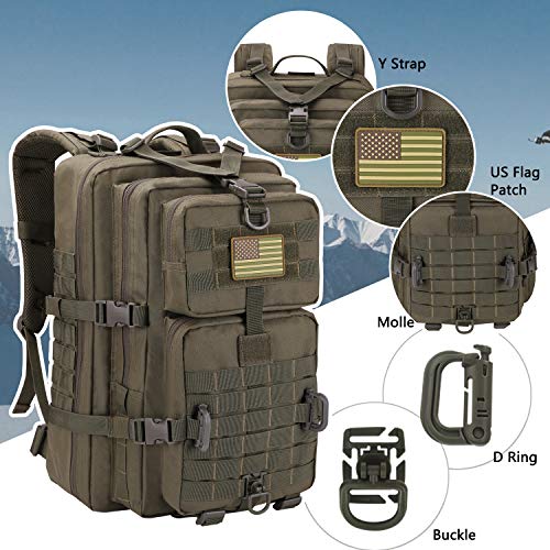 Hannibal Tactical MOLLE Assault Backpack, Tactical Backpack Military Army Camping Rucksack, 3-Day Pack Trip w/USA Flag Patch, D-Rings, Olive