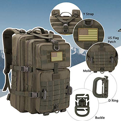 Hannibal Tactical MOLLE Assault Backpack, Tactical Backpack Military Army Camping Rucksack, 3-Day Pack Trip w/USA Flag Patch, D-Rings, Olive