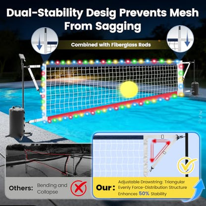 Pool Volleyball Net Set with LED Lights, Adjustable 15-32FT Net for Inground Pools, Volleyball Net with Glow Ball,Weighted Bases, Solar Powered Lights, Outdoor Water Volleyball Games for Family - style: Inground Pool Volleyball Net