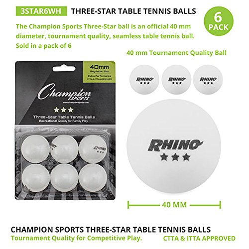 Champion Sports 3 Star Table Tennis Ball Pack – Tournament Size, 40mm Seamless, CTTA & ITTA Approved - style: Pack of 6 (White)