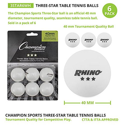 Champion Sports 3 Star Table Tennis Ball Pack – Tournament Size, 40mm Seamless, CTTA & ITTA Approved - style: Pack of 6 (White)