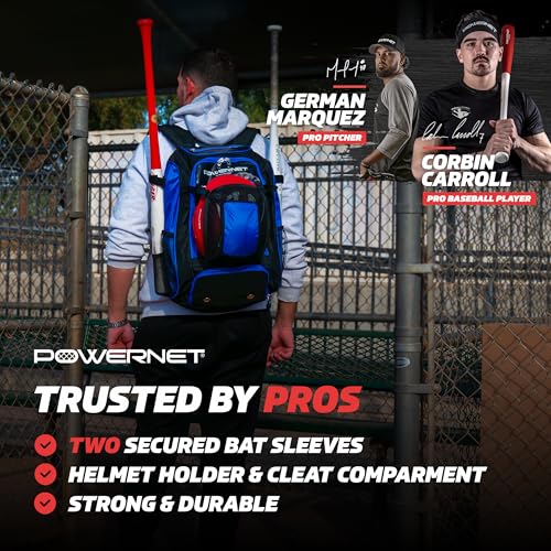 PowerNet Baseball Softball Backpack, Choose from 3 Colors Red Black Blue, Padded Helmet Carrier, Dual Bat Sleeves, Vented Cleat Compartment, Fence Hook, Hook and Loop Batting Glove Area - color: Blue