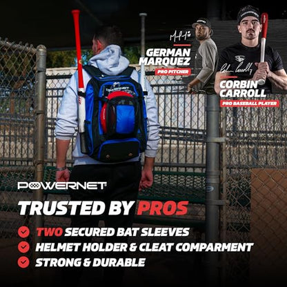 PowerNet Baseball Softball Backpack, Choose from 3 Colors Red Black Blue, Padded Helmet Carrier, Dual Bat Sleeves, Vented Cleat Compartment, Fence Hook, Hook and Loop Batting Glove Area - color: Blue