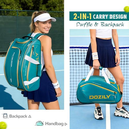 Pickleball Bag 30L, Waterproof Silk-PU Leather Sports Duffle Backpack with Shoe Compartment, Thermal Racket Pocket, Holds 2 Paddles & Balls, Gym Travel Pickleball Equipment Bag