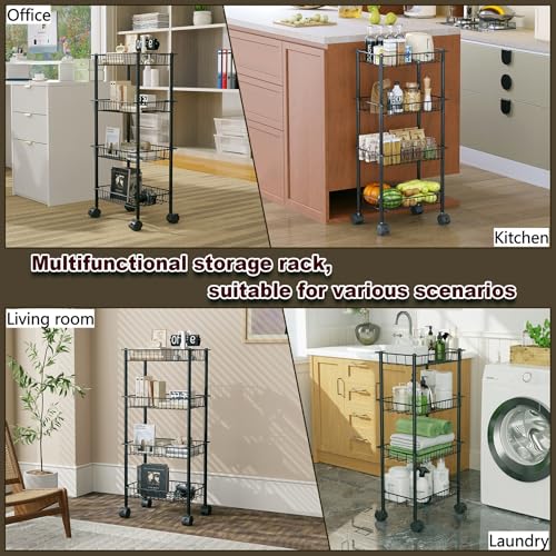 AWTATOS 4-Tier Rolling Cart, Storage Cart with Removable Baskets, Metal Utility Cart with Wheels, for Kitchen, Bathroom, Office, Laundry Room, Black (Patent)