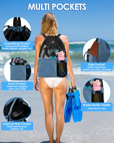BROTOU Swim Bag Beach Backpack with Wet Pocket Mesh Drawstring Bags for Swimming, Gym - color: Navy Blue