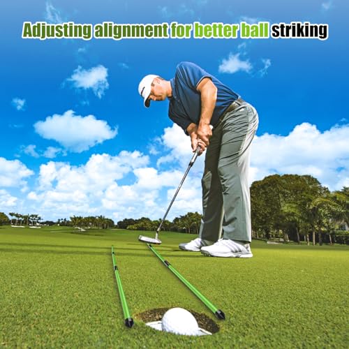 Golf Alignment Sticks 2 Pack, 48″Collapsible Practice Rods for Aiming/Putting, Golf Training Aid for Swing Trainer with Clear Tube Case, Foldable Training Rods with 10 Golf Tees - color: Green