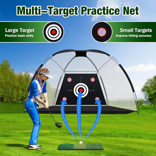 MoKo Golf Net with Practice Mat, 10 x 7 ft Golf Hitting Net for Outdoor Indoor Backyard Driving Chipping Swing Training, All-in-One Multi-Target Practice Nets, Gifts for Men Dad Him and Golfer