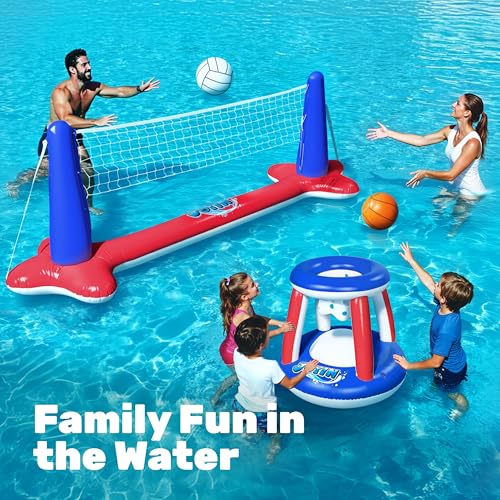 JOYIN Inflatable Pool Float Set Volleyball Net & Basketball Hoops, Balls Included for Kids and Adults Swimming Game Toy, Summer Floaties, Volleyball Court |Basketball,L-Red - color: Red, size: Large