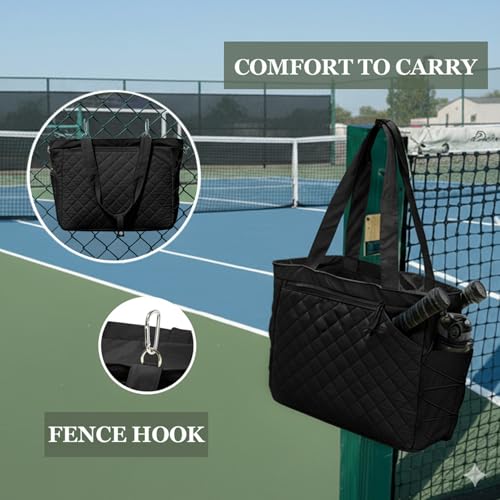 Pickleball Bag Fits 2 to 6 Paddles, Quilted Pickle ball Tote Bags for Women and Men with Shoe Compartment and Fence Hook, Great Pickleball Gifts - color: Black