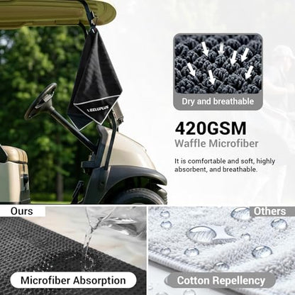 4-in-1 Magnetic Golf Towel with Brush & Cleaning Pocket - Premium Construction Golf Towel- Super Strong Golf Club Cleaner- Microfiber Waffle Design-15.7" X 23.6" Golf Accessories and Gifts for Men - color: Black