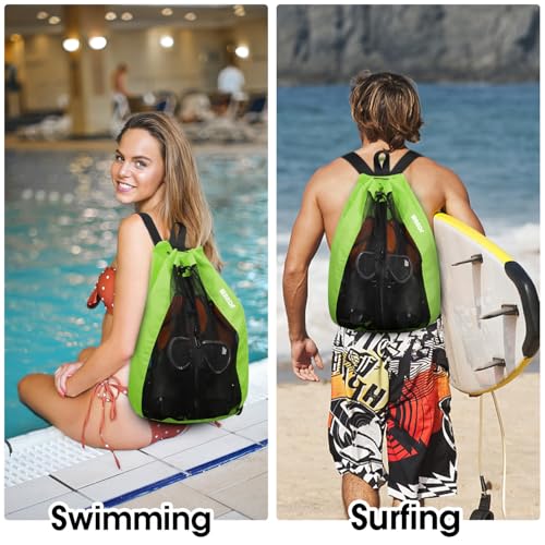WANDF Swim Bag Mesh Drawstring Backpack Beach Backpack for Swimming, Gym, and Workout Gear - color: Fluorescence Green