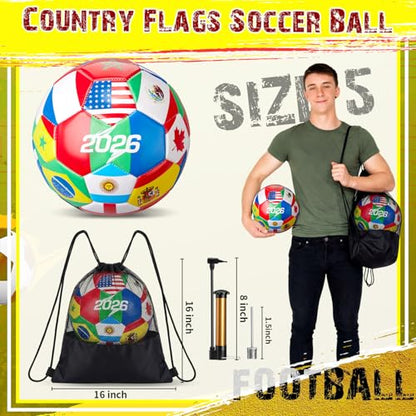 Tellingyou World Flag Soccer Ball Country Flags Training Ball 2026 International Multi Country Design with Pump Needle and Storage Bag for Team Practice Club Games Soccer Fan Gifts - size: size 5