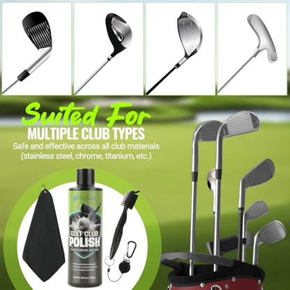 TonGass 3-in-1 Golf Club Cleaning Kit (300g Golf Polish+Cleaner Brush with Groove Sharpener+Cleaning Cloth) Golfs Club Cleaner Set with Retractable Hook Brush & Hookable Towel Complete Accessory Kit